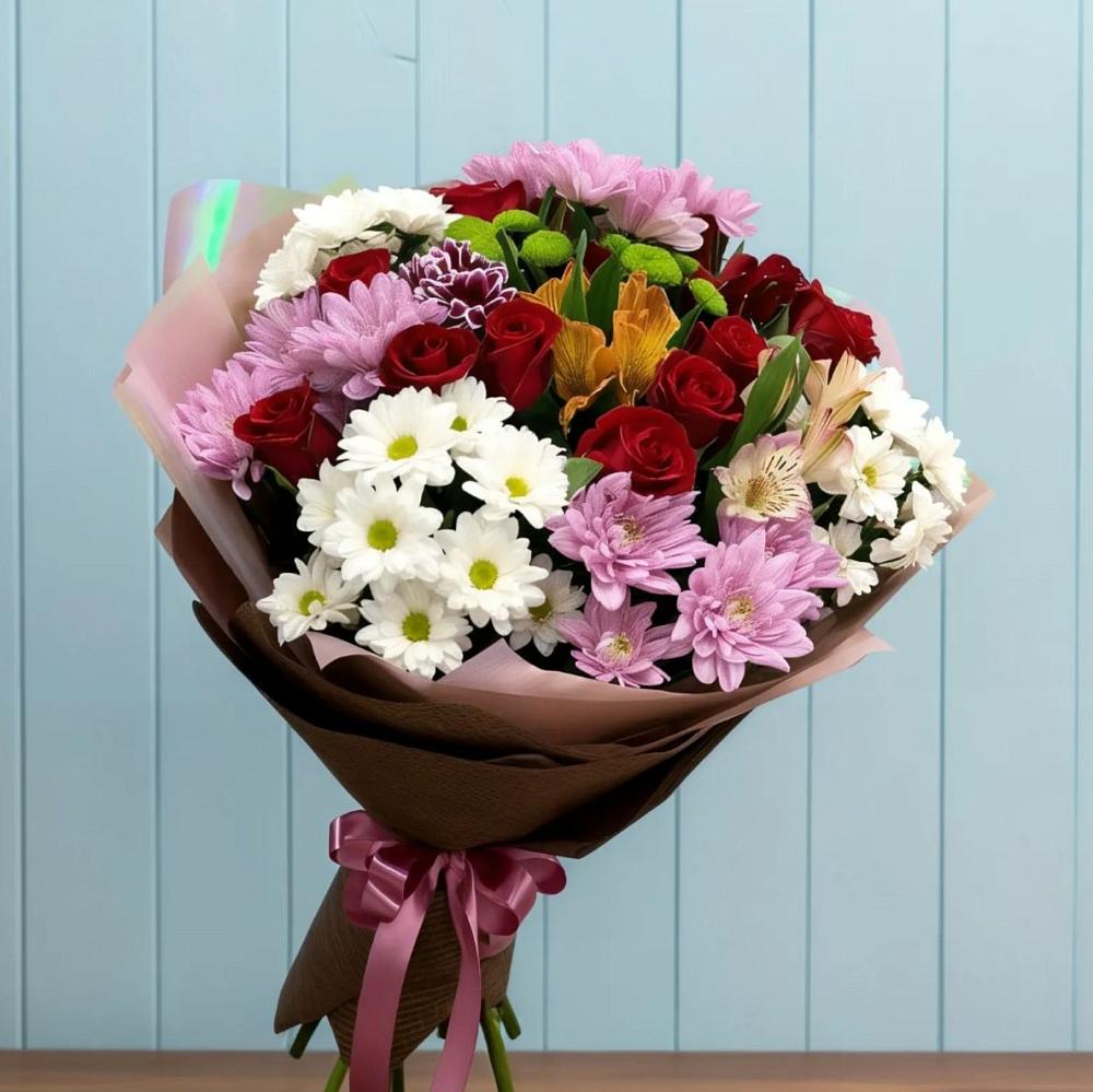 Букет цветов из: Розы, Хризантемы и Альстромерии в Петухово