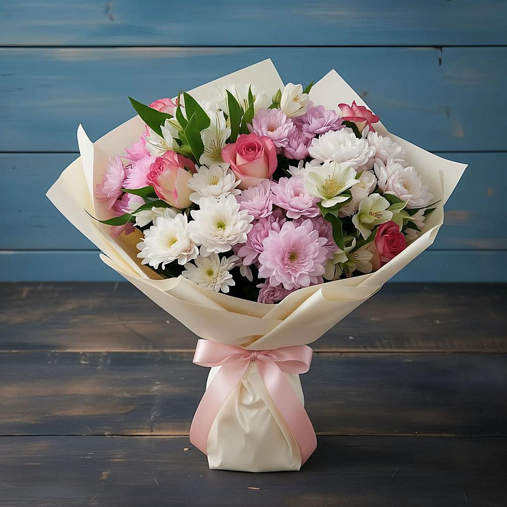 Букет цветов из: Хризантемы, Альстромерии и Розы в Петухово